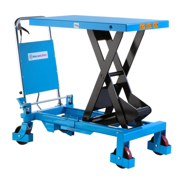 Scherenhubwagen mit einer Traglast von 800 Kilogramm und HanseLifter Logo