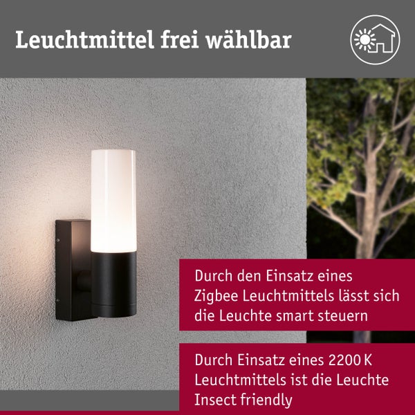 Zylindrische Außenwandleuchte, smart steuerbar mit Zigbee Leuchtmittel, insektenfreundlich bei 2200 Kelvin, Leuchtmittel frei wählbar.