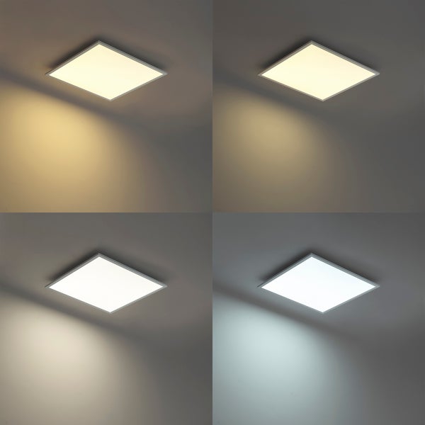 Quadratisches LED Panel mit verschiedenen einstellbaren Farbtemperaturen von warmweiß bis kaltweiß montiert an einer Decke.