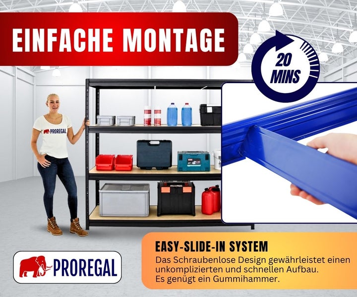 Proregal Schwerlastregal mit Easy-Slide-In System für schraubenlose Montage in circa 20 Minuten. Proregal Logo.