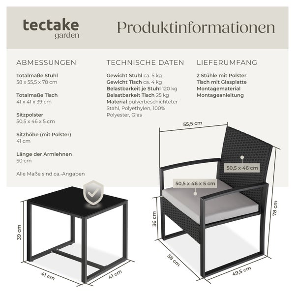 Rattan Sitzgruppe tectake Granada höhenverstellbare Kunststofffüße für 2 Personen hellgrau/schwarz