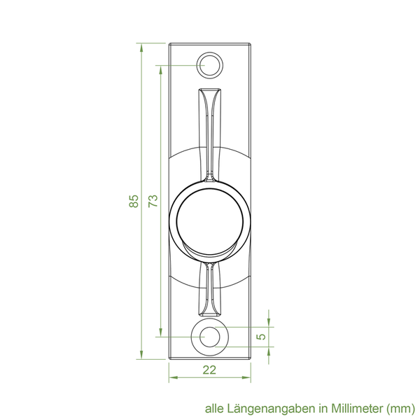 Technische Zeichnung eines Türklopfers mit Maßen in Millimetern