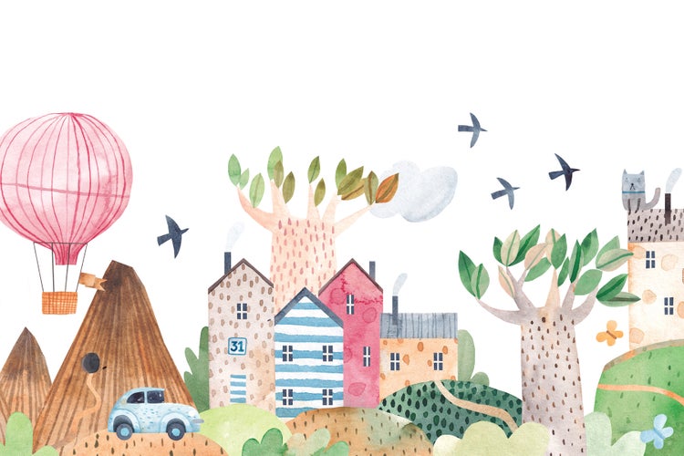 Illustration einer bunten Stadtlandschaft mit Häusern, Bäumen, Hügeln, Heißluftballon und Auto