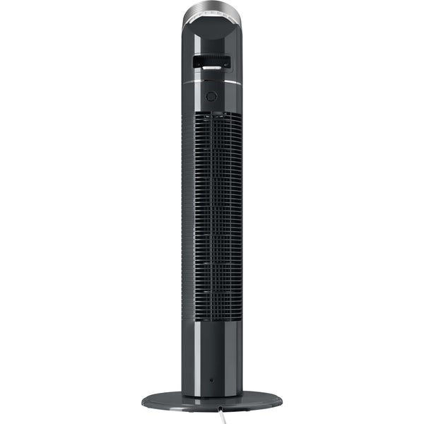 Turmventilator aus schwarzem Kunststoff mit rundem Standfuß und Bedienelementen oben.