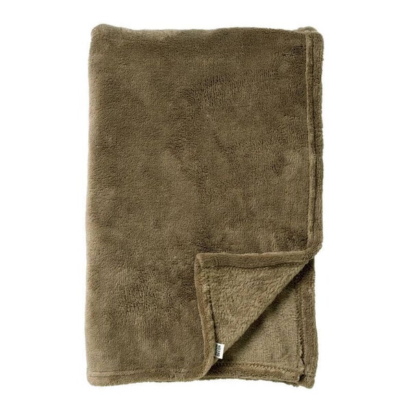 Weiche Kuscheldecke aus Fleece in Olivgrün mit einer umgeschlagenen Ecke.