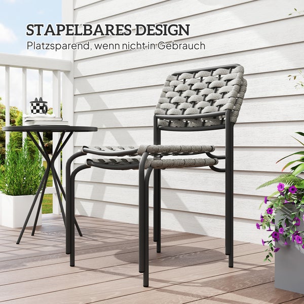 Outsunny Polyrattan Gartenmöbel Set, Outdoor Lounge Balkonmöbel für 2 Personen, 3-teilig Sitzgruppe mit 2 Stapelbare Stühle, Tisch, wetterfest Gartenlounge für Garten, Terrasse Balkon, Grau