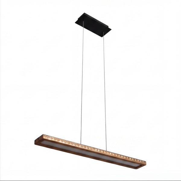 Moderne LED-Pendelleuchte mit rechteckigem Holzrahmen und schwarzer Deckenhalterung.