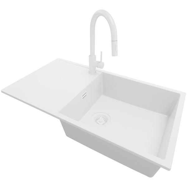 PRIMAGRAN Granitspüle Alles Weiß 90x50cm, Spülbecken 1 Becken + Küchenarmatur 40x20cm + Ablauf-Set, Küchenspüle ab 60er Unterschrank - Ibiza