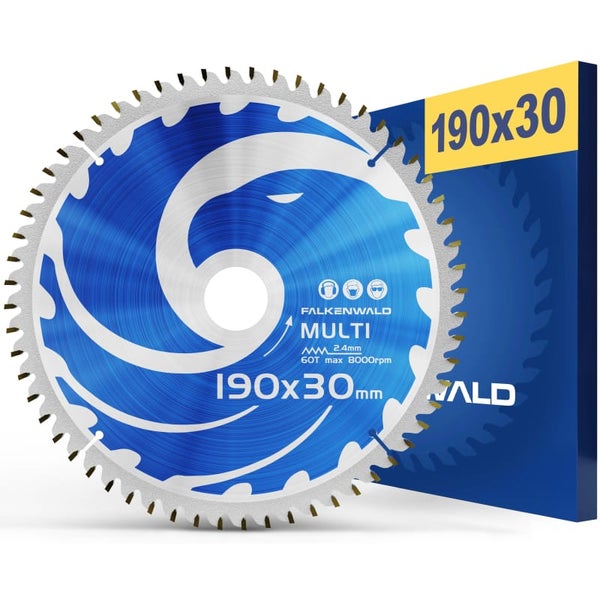 FALKENWALD ® Sägeblatt 190x30 60 Zähne - Ideal für Holz, Metall & Alu - Multi Kreissägeblatt 190x30 - Kompatibel mit Handkreissäge von Bosch & Makita - 190x30
