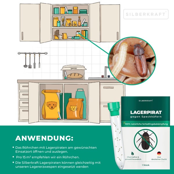 Silberkraft Lagerpirat gegen Speckkäfer. Illustration von Vorratsschränken mit Lebensmitteln, Tiernahrung, Schädlingen in Vergrößerung und Produkt.