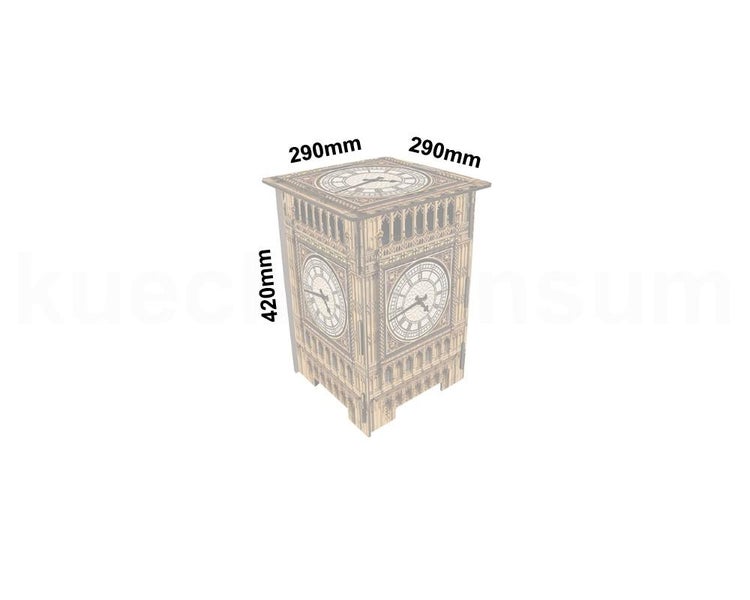 Dekorative Holzuhr in Form des Big Ben mit den Maßen 290 mal 290 mal 420 Millimeter.