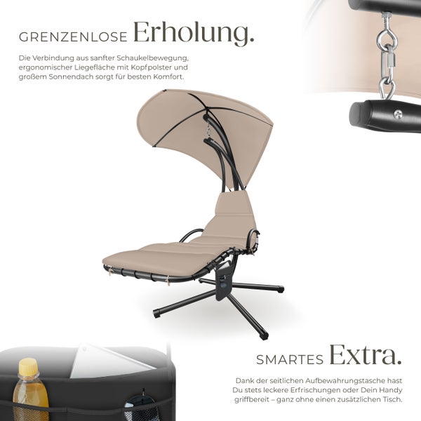 Hängeliege tectake Elaria 195 x 132 x 197 cm, mit Seitentasche großes Sonnendach mit UV-Schutz beige
