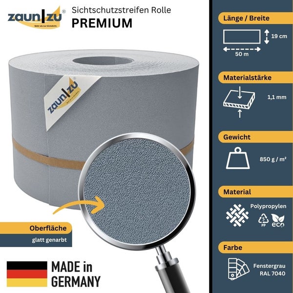 Zaun zu Sichtschutzstreifen Rolle Premium, 50 Meter lang und 19 Zentimeter breit, Materialstärke 1,1 Millimeter, Gewicht 850 Gramm pro Quadratmeter, aus Polypropylen, Farbe Fenstergrau RAL 7040, Made in Germany