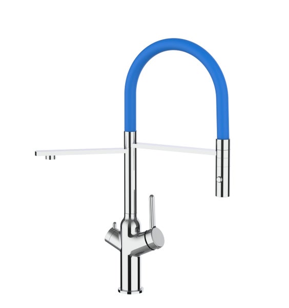 4 Wege Wasserhahn Küchenarmatur, BOD, mit 360° schwenkbarem Auslauf, abnehmbare 2 strahl Handbrause, Verchromt / Blau