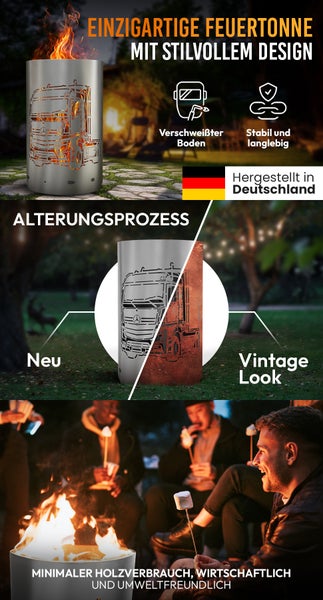 Feuertonne aus Stahl mit LKW-Motiv für den Außenbereich, robust und langlebig