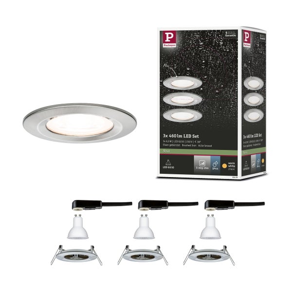 LED Einbauleuchte 3-Step-Dim Nova Basisset starr IP44 rund 78mm GU10 3x6,5W 3x460lm 230V dimmbar 2700K Eisen gebürstet