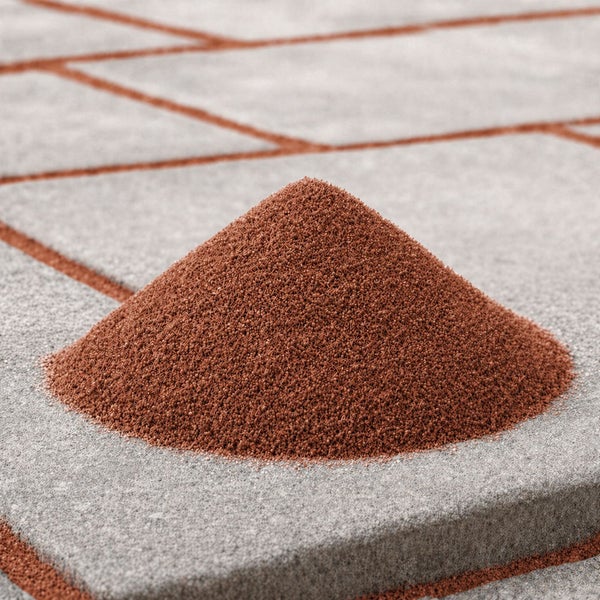 Haufen aus Fugensand auf gepflasterter Fläche für die Fugenfüllung von Steinplatten.