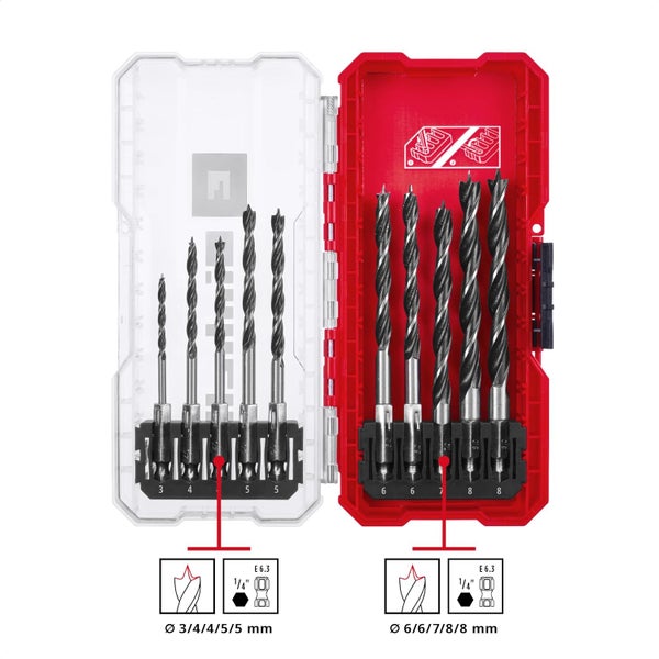 Einhell S-CASE 10-tlg. Holzbohrer-Set (zweispiralig, aus rollgewalztem C45 Werkzeugstahl, E 6.3 Schaft, 3-Punkt-Anschliff, Zentrierspitze inkl. Aufbewahrungsbox)