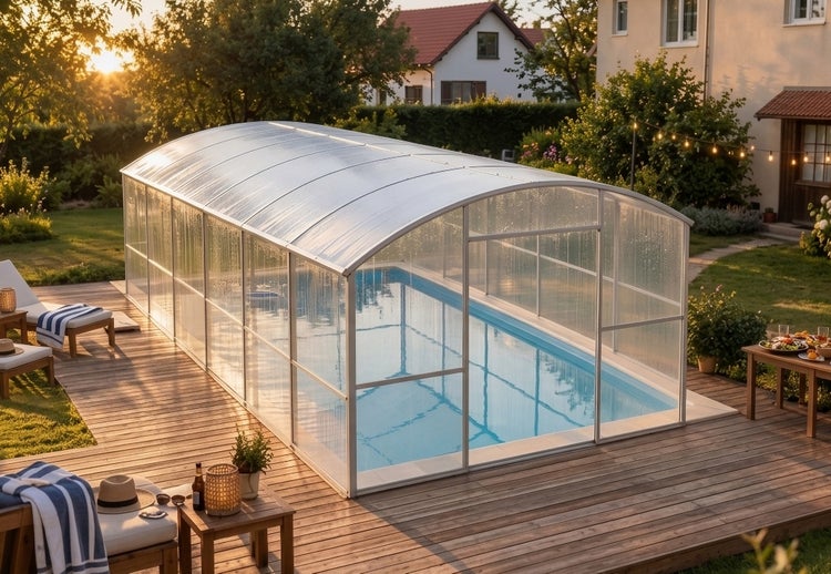 Eine halbhohe Poolüberdachung aus Kunststoff auf einer Holzterrasse im Garten bei Sonnenuntergang.