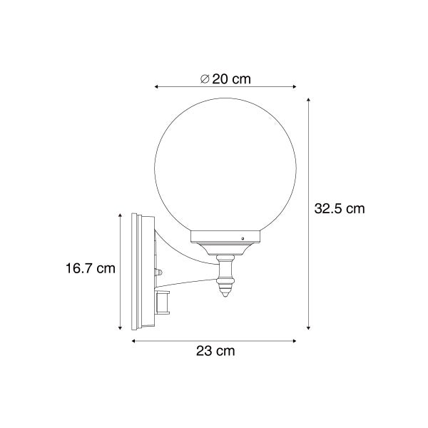 Maßzeichnung einer kugelförmigen Außenwandleuchte mit Angaben: Durchmesser 20 Zentimeter, Höhe 32,5 Zentimeter, Tiefe 23 Zentimeter.