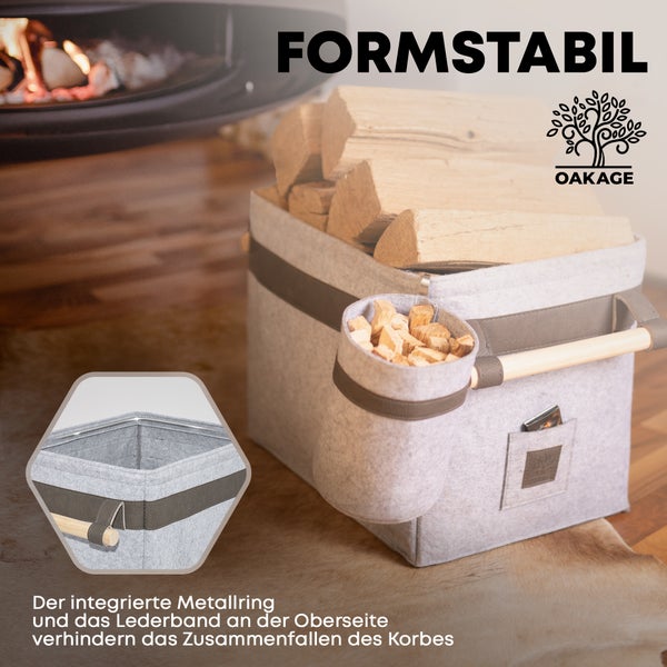 OAKAGE® Classic Duo Hellgrau Holzkorb Filz - Metallrahmen für Zusatzstabilität - 42x32x35cm