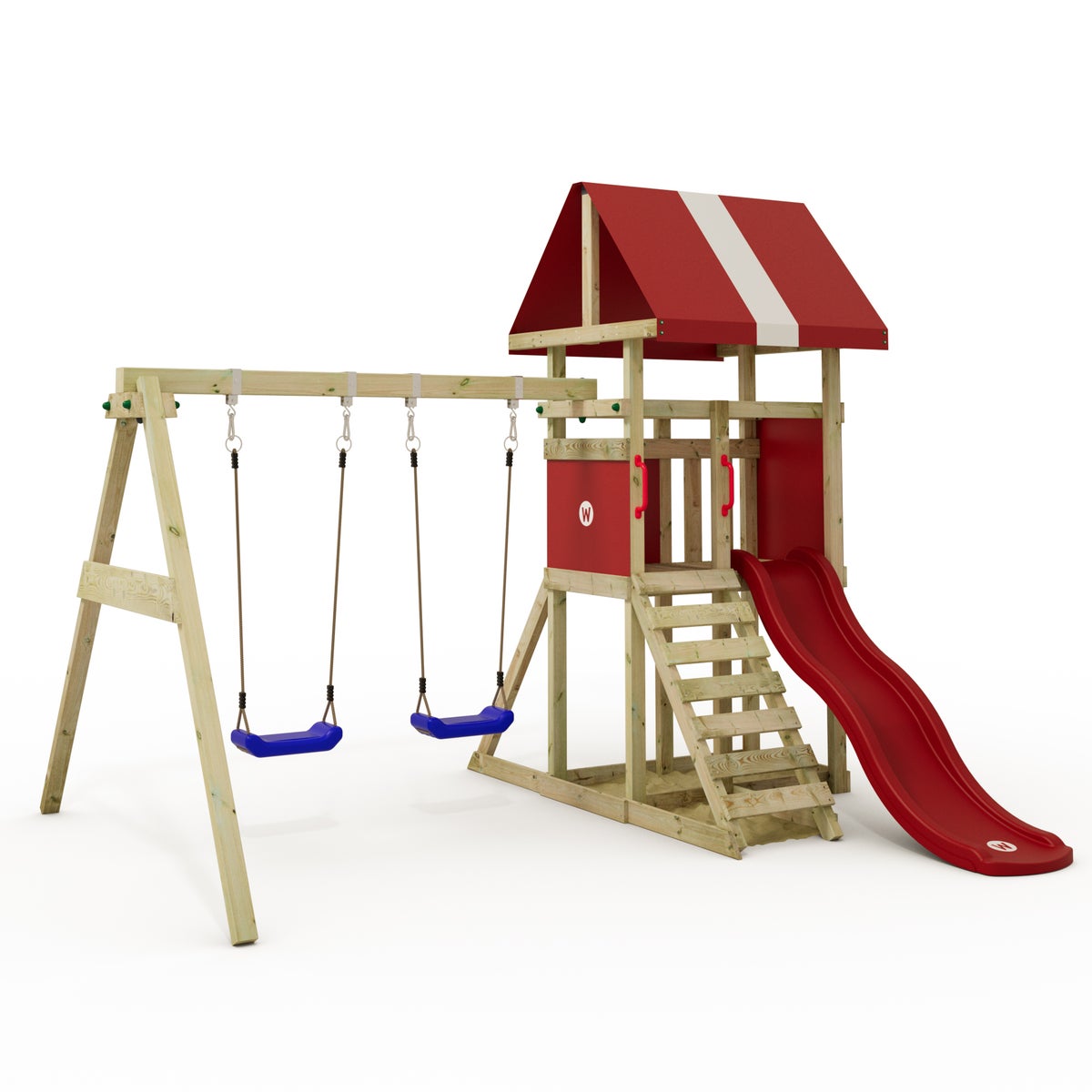 WICKEY Spielturm Klettergerüst DinkyHouse mit Schaukel und Rutsche, Kletterturm mit Sandkasten, Leiter und Spiel-Zubehör – rot
