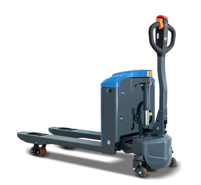 Elektro-Niederhubwagen in Blau und Grau mit Deichsel.