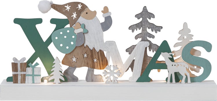 Dekorative Weihnachtsdekoration mit Holzfiguren, einschließlich Weihnachtsmann und Baum