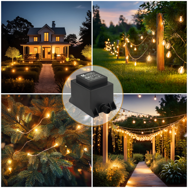 Netzadapter-Transformator für Außenbeleuchtung mit Anwendungsbeispielen für Gartenbeleuchtung und Lichterketten.