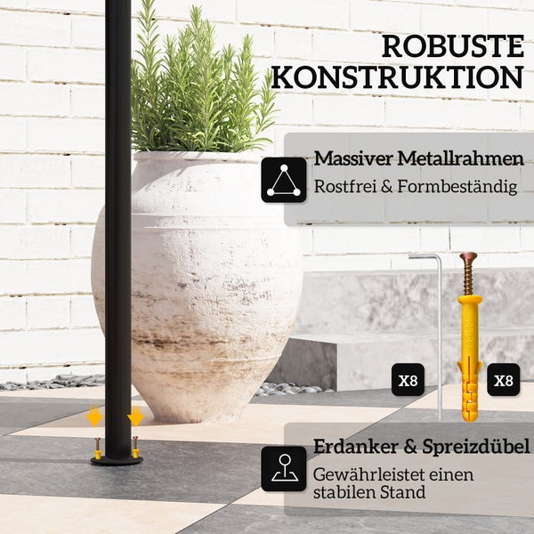 Rostfreie, robuste Konstruktion eines massiven Metallrahmens mit acht Erdankern und Spreizdübeln für einen stabilen Stand auf Terrassenplatten.