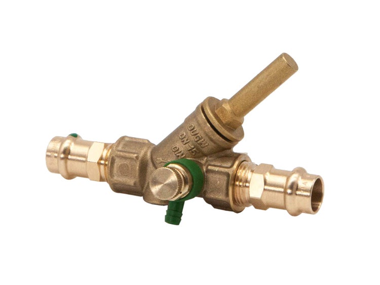 KFR-Ventil aus Messing mit Pressanschluss Nennweite 15 und Entleerungsventil.