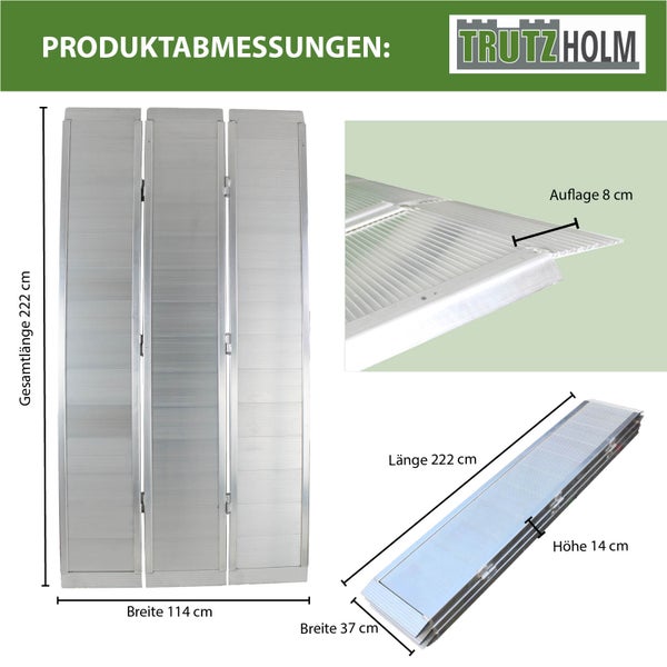 Trutzholm Logo. Produktdetails einer Aluminium Rampe mit den Maßen: Gesamtlänge 222 cm, Breite 114 cm, Länge 222 cm, Breite 37 cm, Auflage 8 cm und Höhe 14 cm.