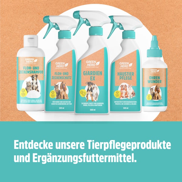 Sortiment an Green Hero Tierpflegeprodukten und Ergänzungsfuttermitteln