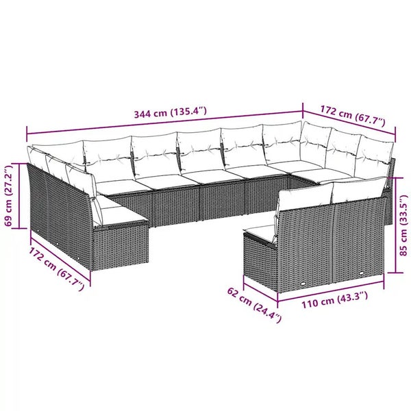 12-tlg. Garten-Sofagarnitur mit Kissen Hellgrau Poly Rattan
