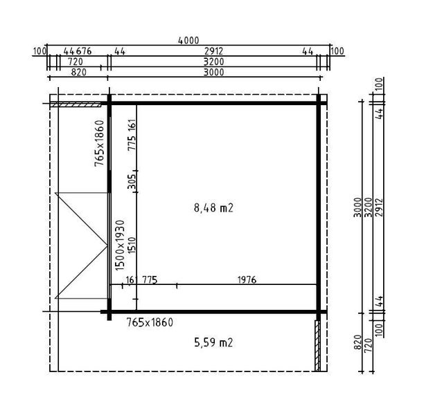 Technische Zeichnung und Grundriss eines Gartenhauses mit detaillierten Maßangaben in Millimeter und Quadratmeter.