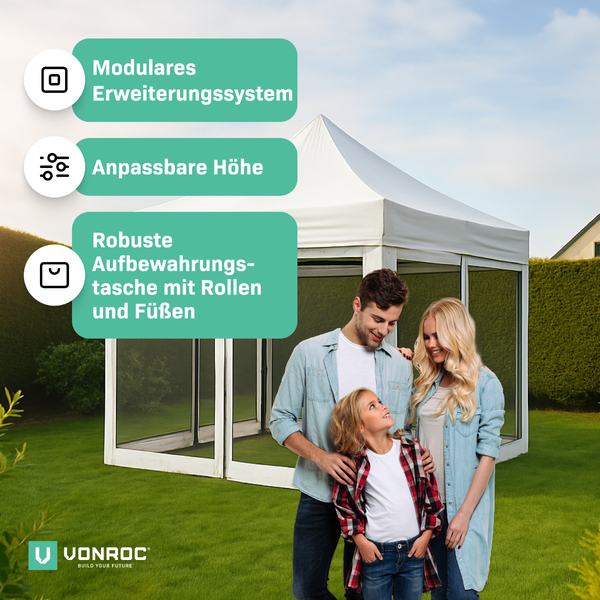 VONROC Pavillon 3x3m wasserdicht stabil - Partyzelt EasyUp System [3Min Aufbau] Popup Faltpavillon modular erweiterbar als Festival Zelt, Gartenpavillon