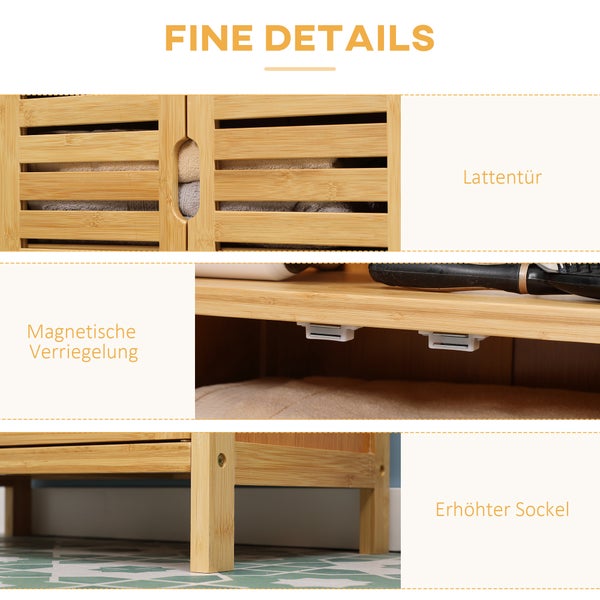 kleankin Badezimmerschrank, Unterschrank aus Bambus, Badschrank mit Lamellentüren, Beistellschrank, Mehrzweckschrank mit Kippschutz, Landhausstil, Naturholz, 50 x 29 x 92 cm