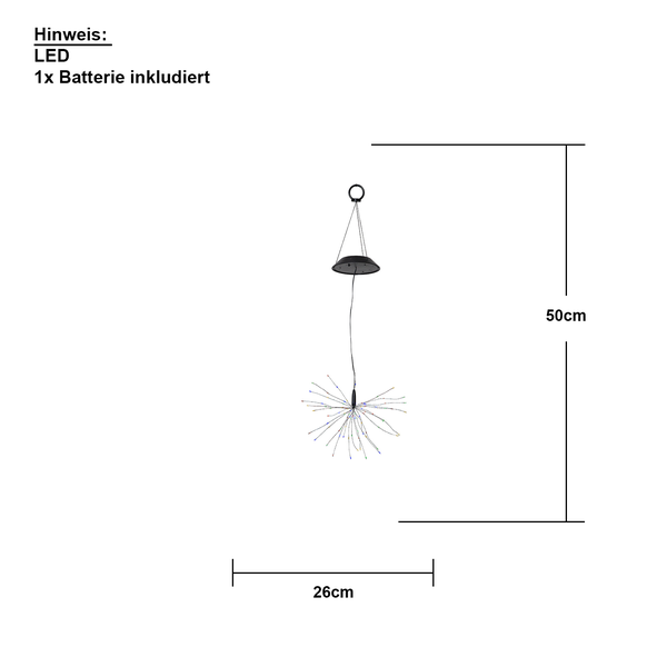 Skizze einer LED Pendelleuchte mit den Maßen 50 cm Höhe und 26 cm Breite inklusive Batterie