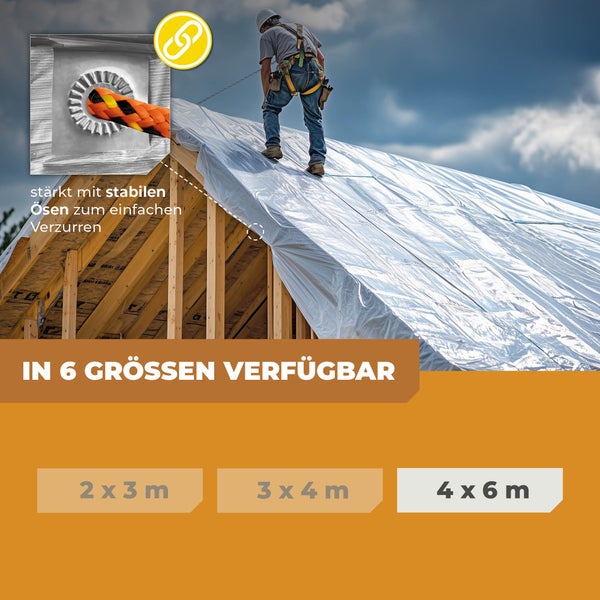 Abdeckplane auf einem Dachstuhl mit Detailansicht einer stabilen Metallöse und einem Seil. In sechs Größen erhältlich.