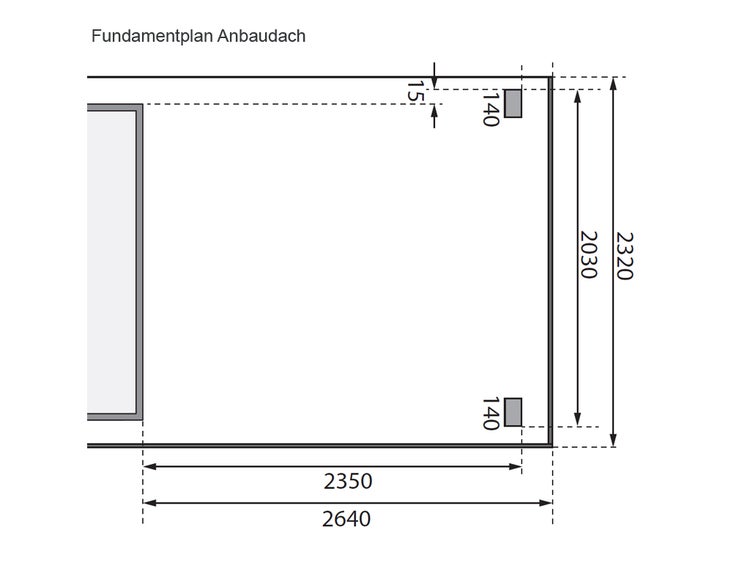 Technischer Fundamentplan für ein Anbaudach mit Maßen in Millimeter.