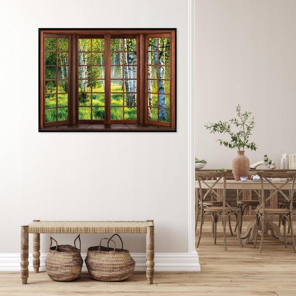 Wandbild mit Fensterrahmenmotiv und Birkenwald-Ausblick in einem hellen, rustikal eingerichteten Raum mit Holzbank und Weidenkörben.