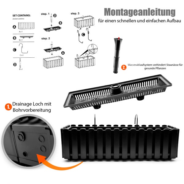 BigDean Balkonkasten Lattenzaun Optik in Anthrazit Optik aus wetterfestem & robustem Kunststoff 60 cm– Balkonkasten mit Halterung & Wasserstandsanzeige – Made in Europe
