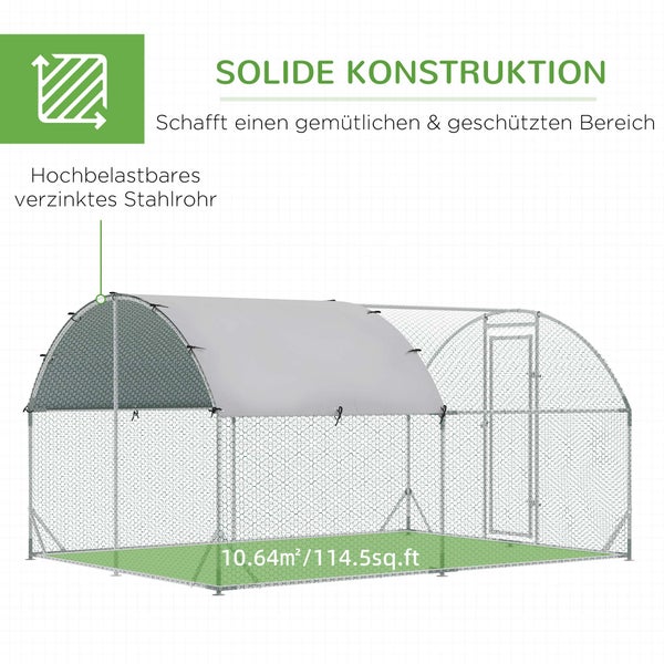 PawHut Hühnerstall Freilaufgehege aus Stahl, 280 x 380 x 197 cm Hühnerkäfig mit UV-beständiger Abdeckung, Tür, Hühnergehege für 6-12 Hühner, Kleintiere, Silber