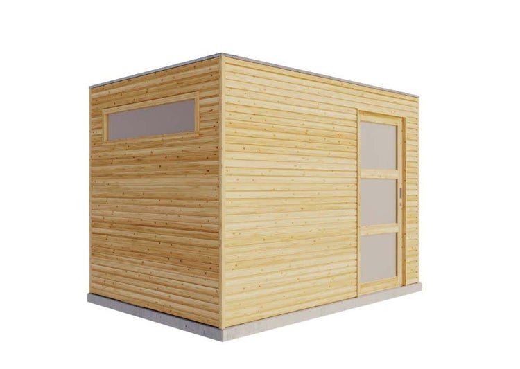 Modernes Gartenhaus aus Holz mit Flachdach, einer Glastür und einem schmalen Seitenfenster.