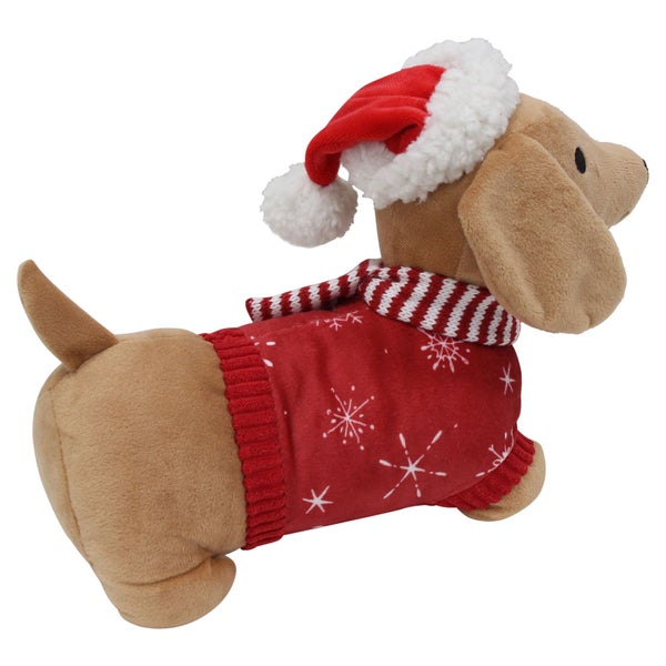 Plüschdackel mit Weihnachtsmütze und weihnachtlichem Pullover als Dekofigur