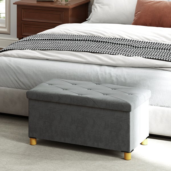 HOMCOM Sitzbank mit Stauraum faltbar Polsterbank mit Samtoptik, Sitztruhe mit Beine, Truhenbank für Wohnzimmer Schlafzimmer Flur 76 x 38 x 38 cm, Grau