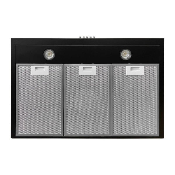 Schwarze Dunstabzugshaube mit drei Metall-Fettfiltern und zwei integrierten Leuchten.