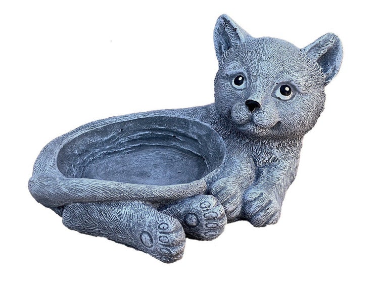 Gartenfigur in Form einer liegenden Katze mit integrierter Schale aus Kunststein für den Außenbereich