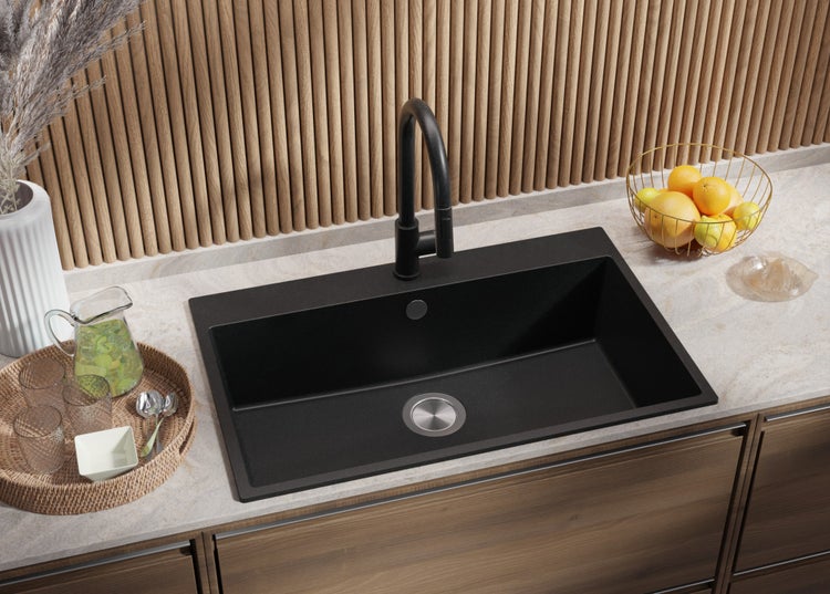 PRIMAGRAN Spülbecken Anthrazit 78x50cm, Granitspüle 1 Becken + Ablauf-Set, Küchenspüle ab 80er Unterschrank - Riga