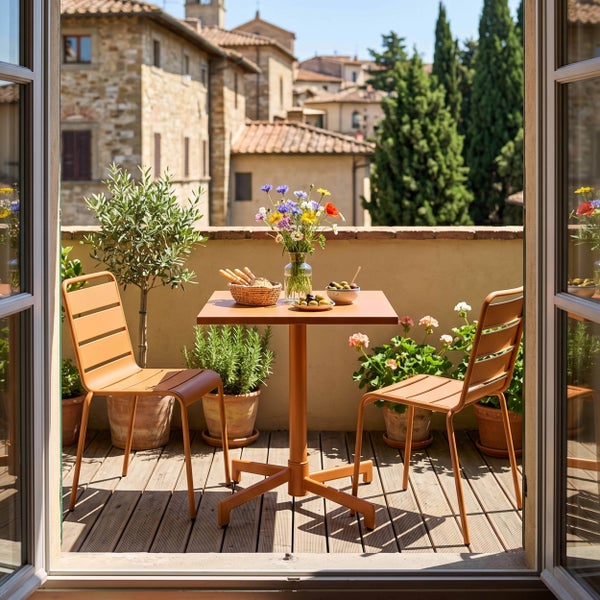 Moderne terrakottafarbene Balkonmöbel mit quadratischem Tisch und zwei Stühlen auf einer Holzterrasse mit Pflanzen und Mittelmeerblick.
